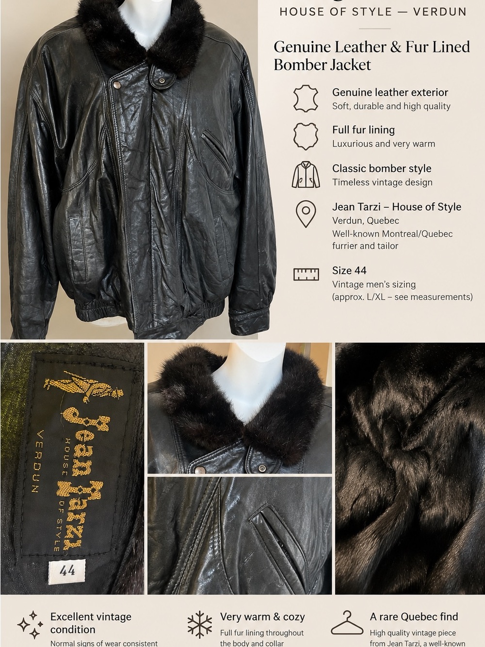 Vintage Jean Tarzi Genuine Leather & Fur Lined Bomber Jacket Size 44